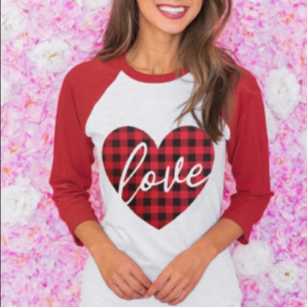 Plaid Love Heart Colorblock Raglan 3/4 Sleeve